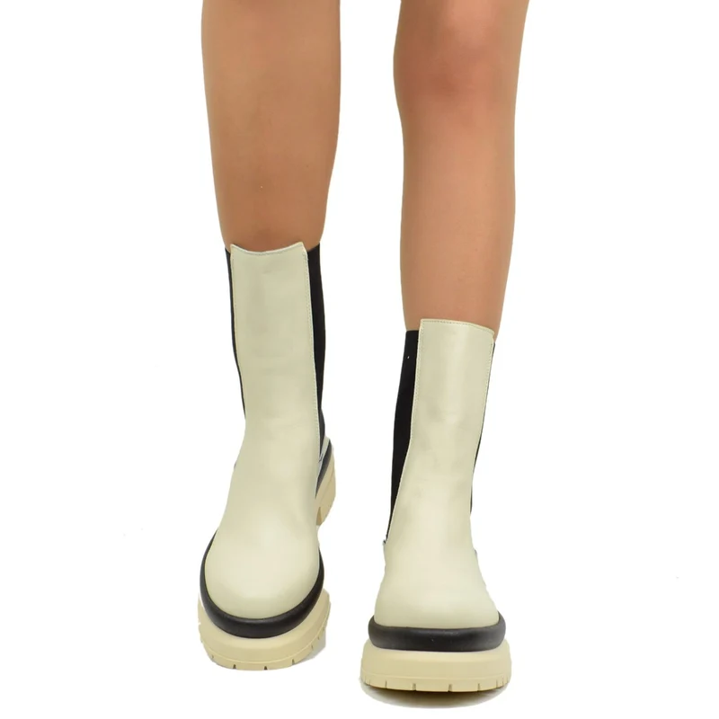 Stivaletti Beatles Donna Offwhite Made in Italy con Inserti Elasticizzati