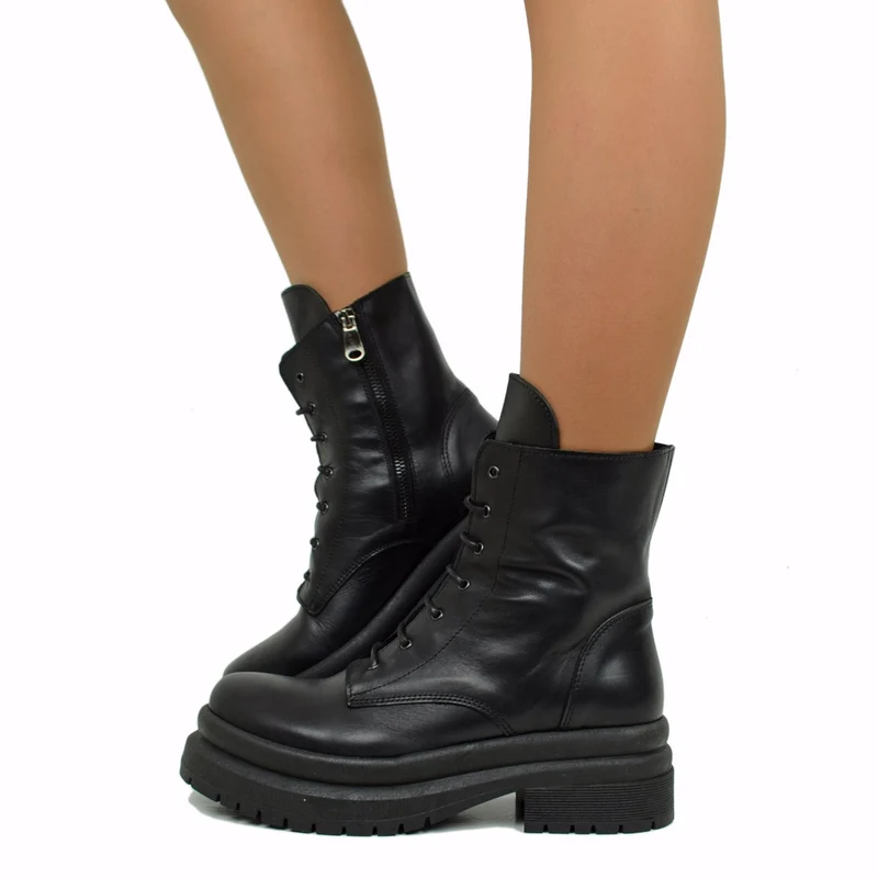 Stivaletti Donna Anfibi Biker Neri in Pelle Made in Italy