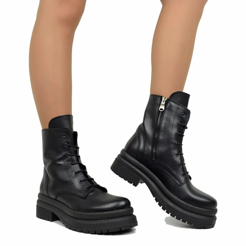 Stivaletti Donna Anfibi Biker Neri in Pelle Made in Italy