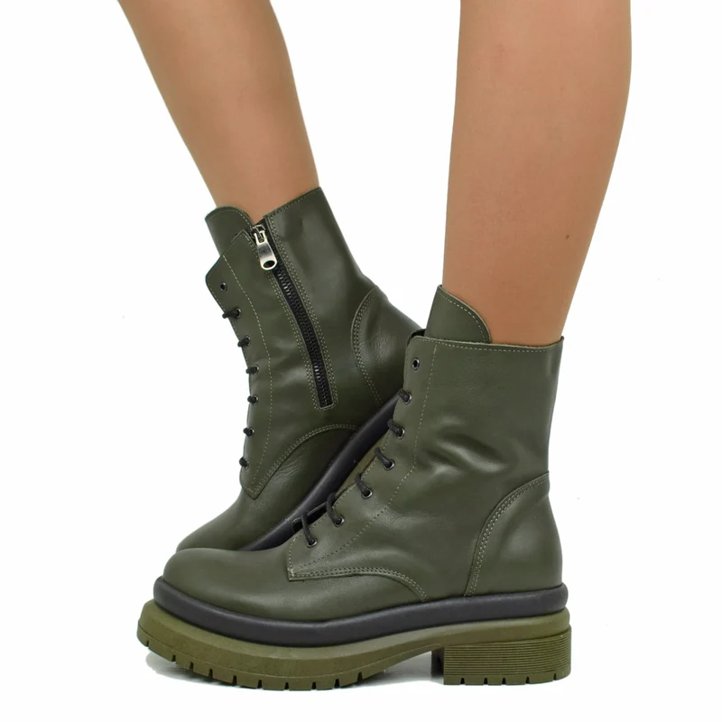 Stivaletti Donna Anfibi Biker Verdi in Pelle Made in Italy