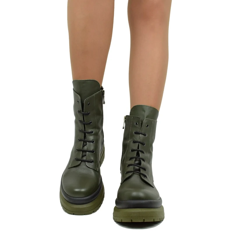 Stivaletti Donna Anfibi Biker Verdi in Pelle Made in Italy