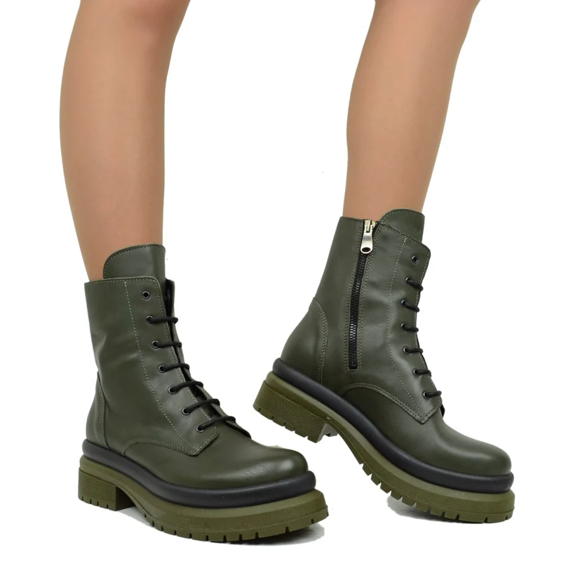 Stivaletti Donna Anfibi Biker Verdi in Pelle Made in Italy