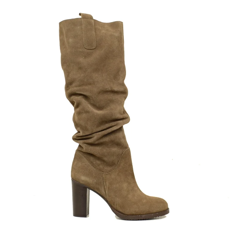 Stivali Donna Slouchy Plissettati in Camoscio Taupe Punta Tonda
