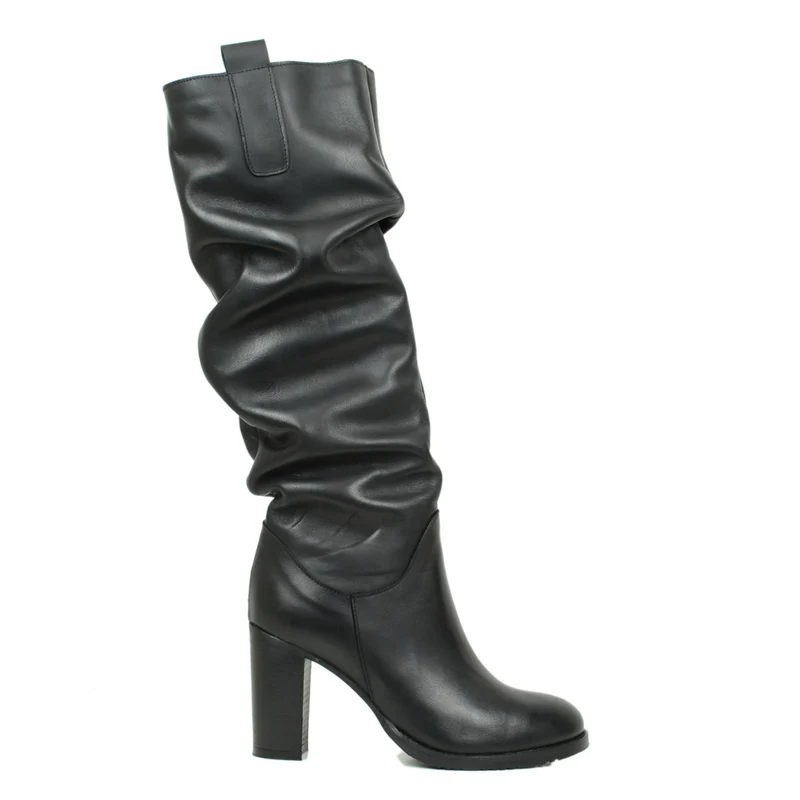Stivali Donna Slouchy Plissettati in Pelle Nera Punta Tonda