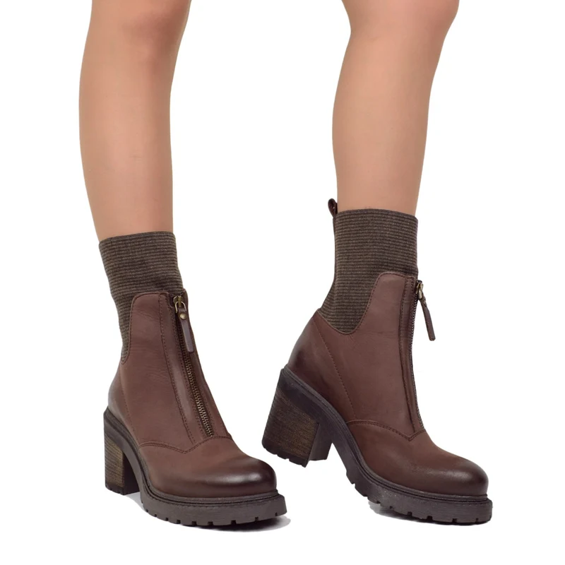 Stivaletti Donna a Calza Elasticizzati Made in Italy con Zip Marroni