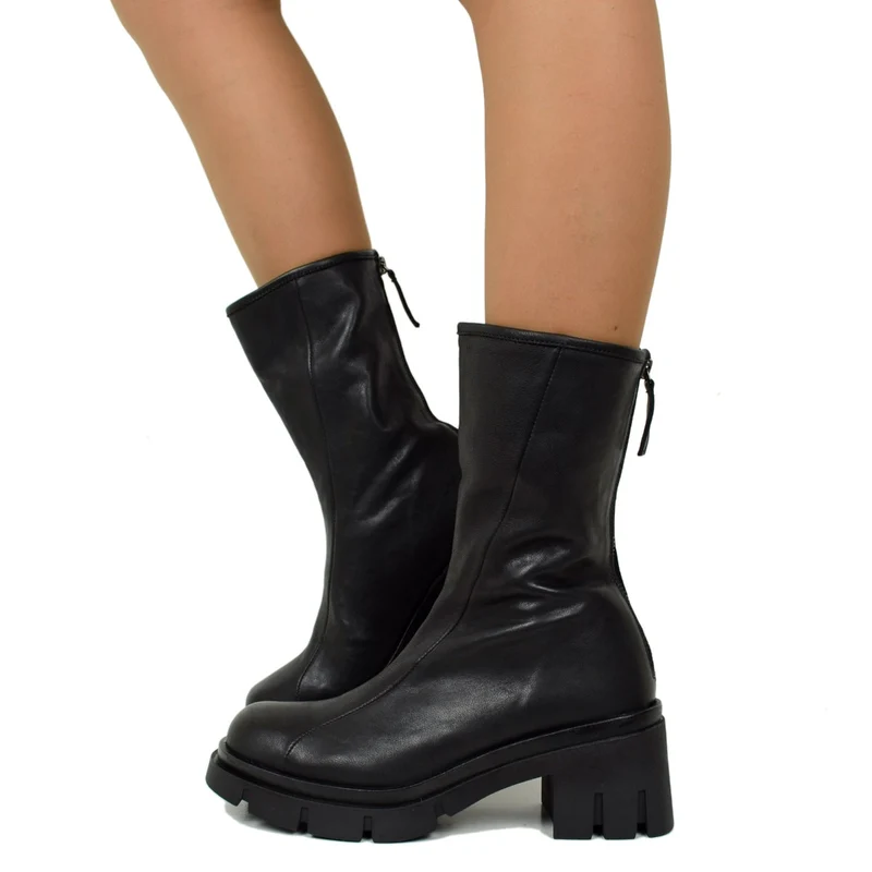 Stivaletti Donna Neri in Pelle Made in Italy con Zip Posteriore