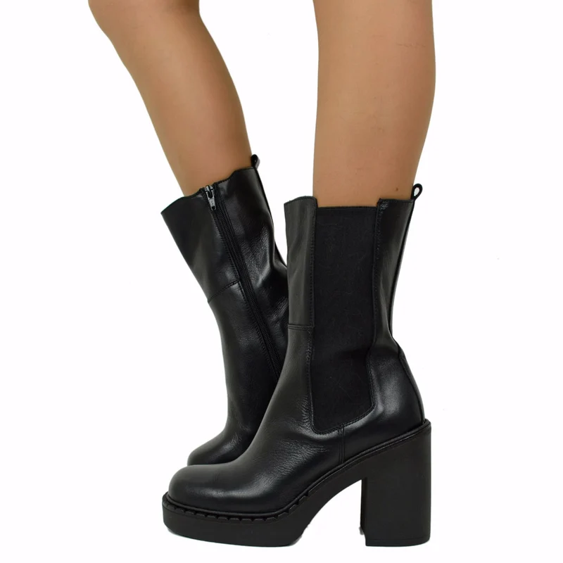 Stivaletti Beatles Neri con Inserto Elasticizzato e Zip Laterale