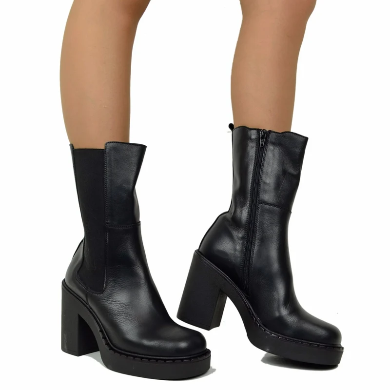 Stivaletti Beatles Neri con Inserto Elasticizzato e Zip Laterale