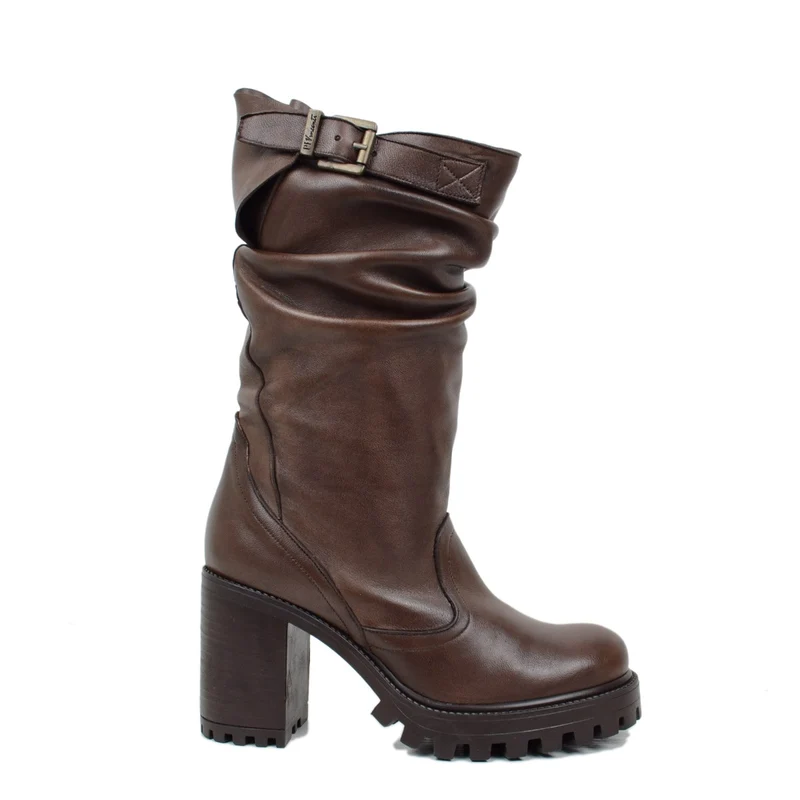 Stivali Donna in Pelle Marrone con Tacco Alto Made in Italy