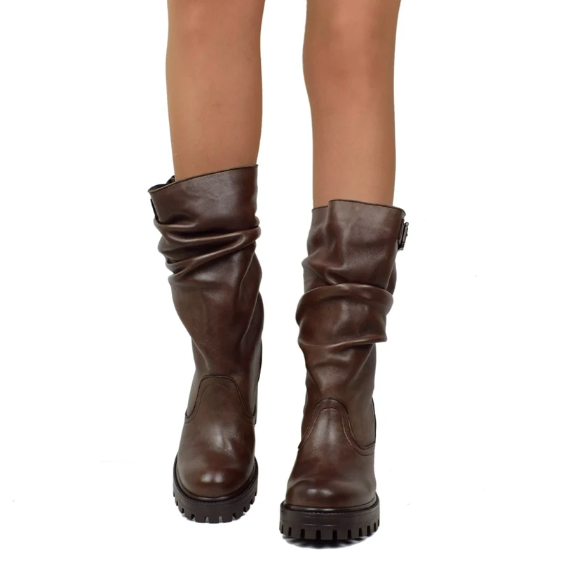 Stivali Donna in Pelle Marrone con Tacco Alto Made in Italy