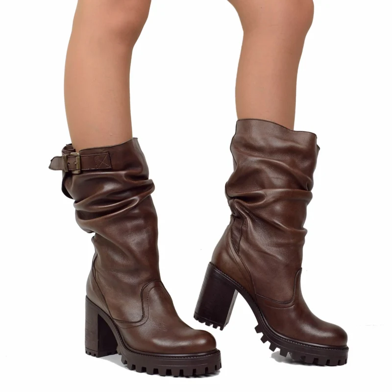Stivali Donna in Pelle Marrone con Tacco Alto Made in Italy