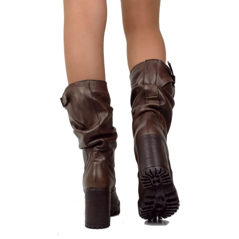 Stivali Donna in Pelle Marrone con Tacco Alto Made in Italy