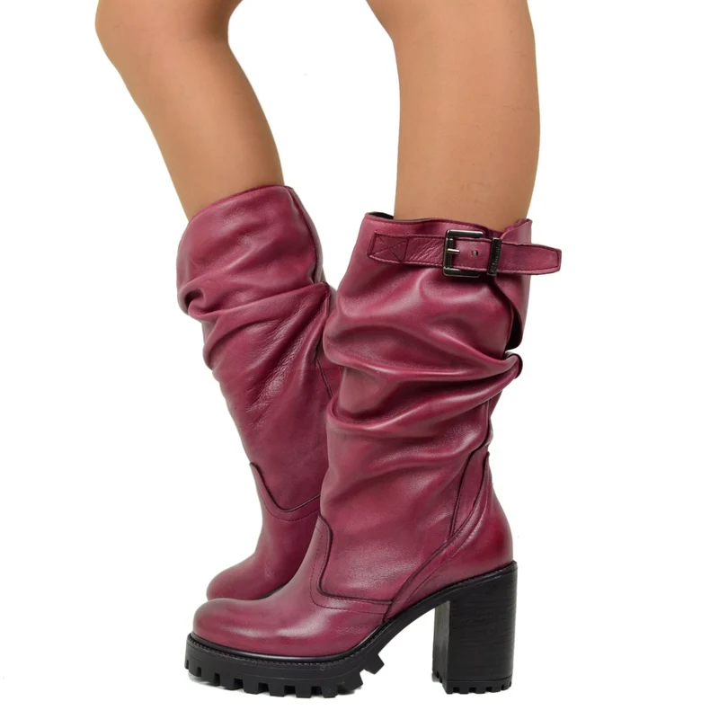 Stivali Donna in Pelle Bordeaux con Tacco Alto Made in Italy
