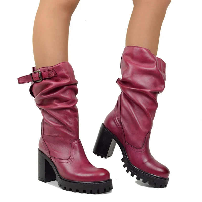 Stivali Donna in Pelle Bordeaux con Tacco Alto Made in Italy