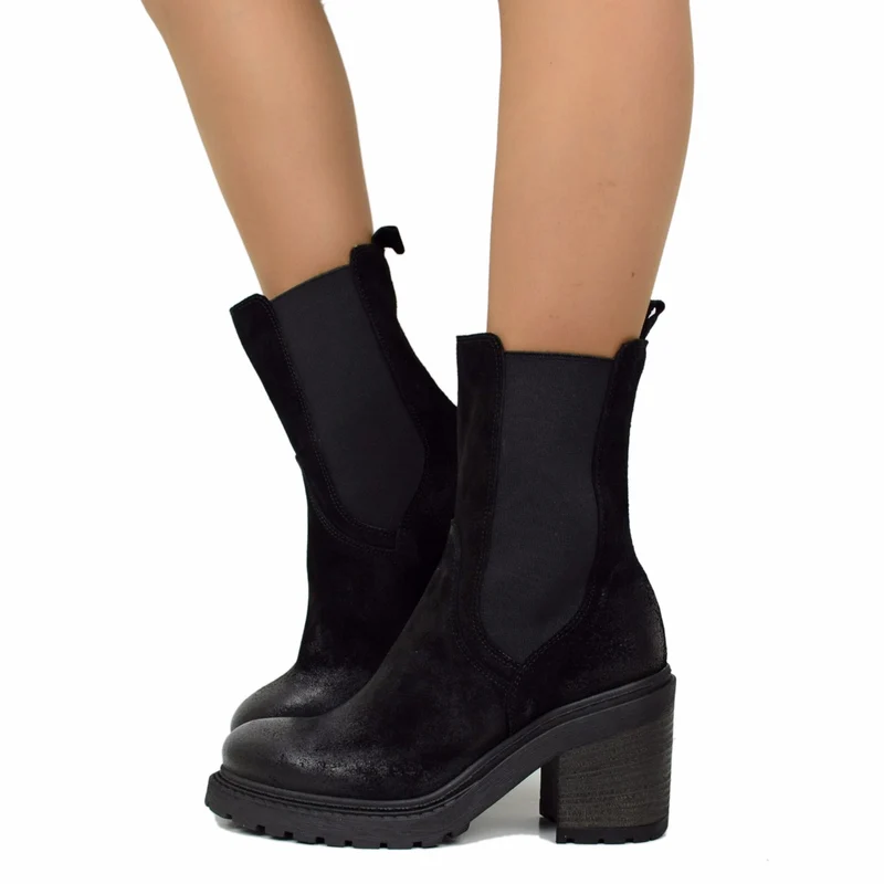 Stivaletti Beatles Donna Neri in Pelle Scamosciata Vintage