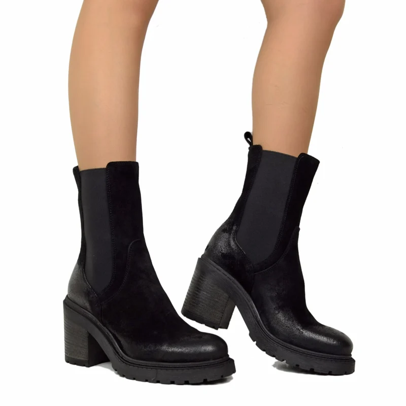 Stivaletti Beatles Donna Neri in Pelle Scamosciata Vintage