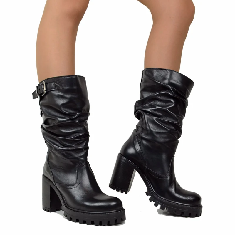 Stivali Donna in Pelle Neri con Tacco Alto Made in Italy