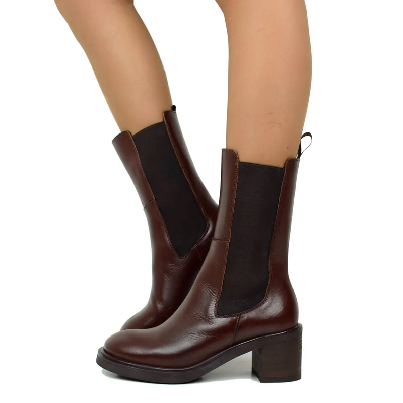 Stivaletti Donna in Pelle Marroni con Inserti Elasticizzati