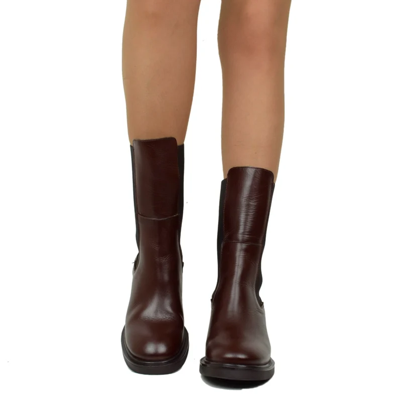 Stivaletti Donna in Pelle Marroni con Inserti Elasticizzati