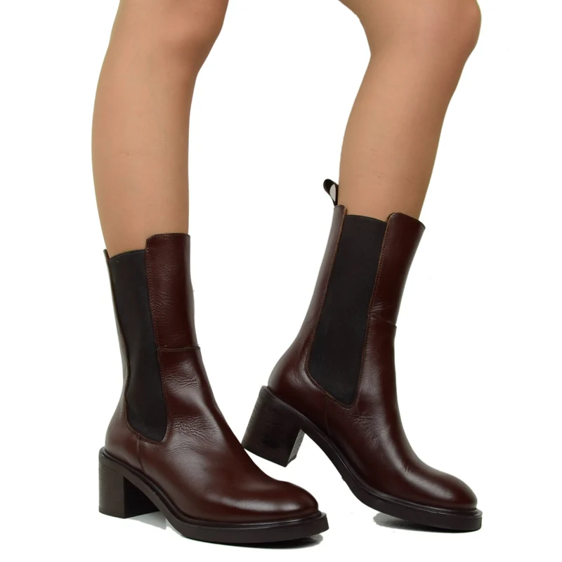 Stivaletti Donna in Pelle Marroni con Inserti Elasticizzati