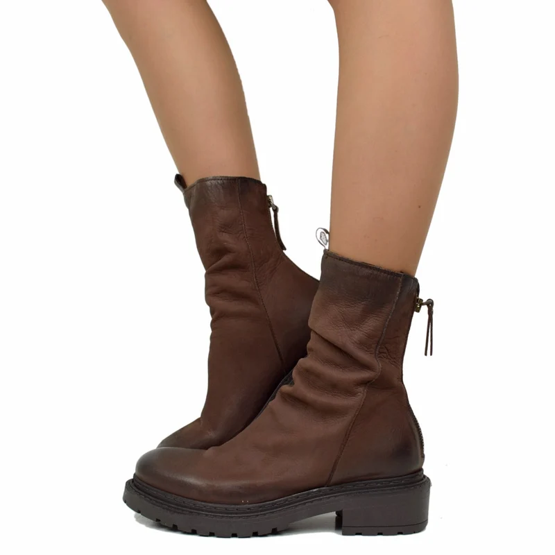 Stivaletti Donna Biker con Zip in Pelle Nabuk Testa di Moro