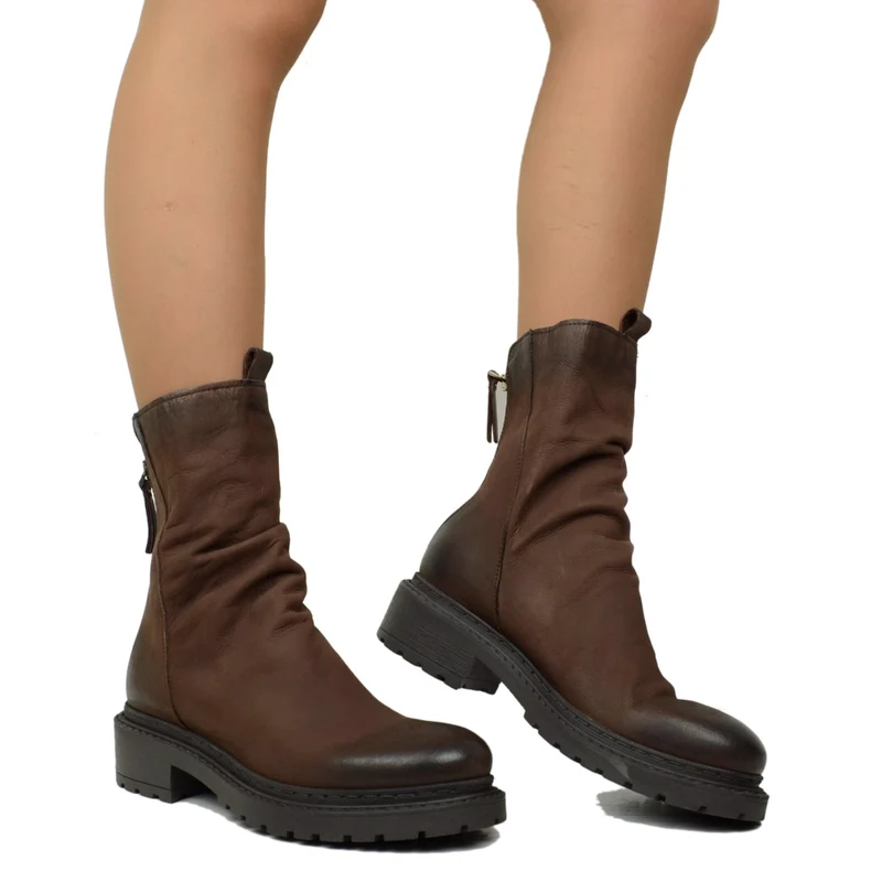 Stivaletti Donna Biker con Zip in Pelle Nabuk Testa di Moro