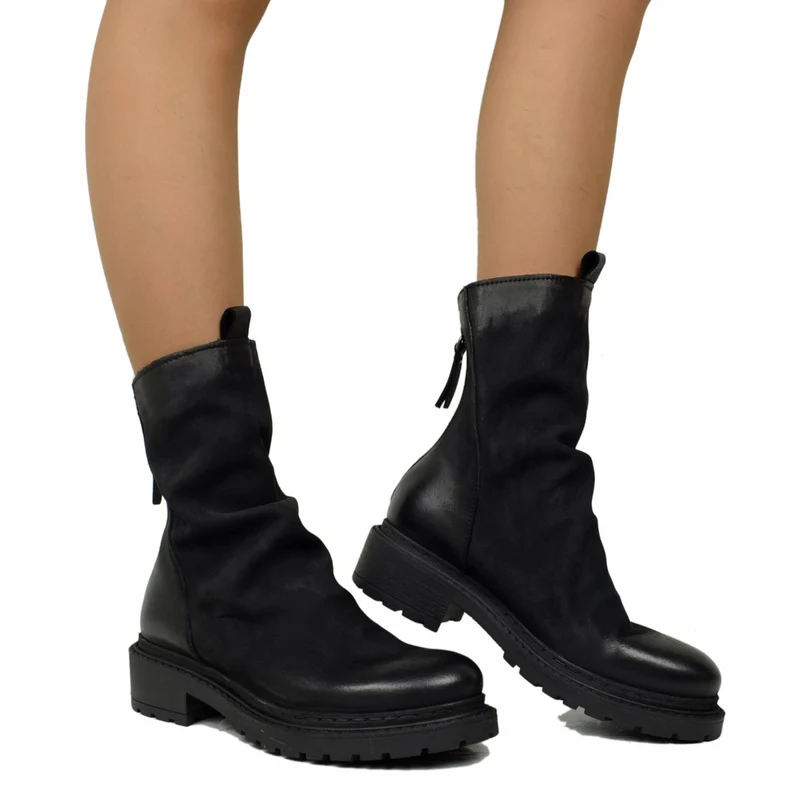 Stivaletti Donna Biker con Zip in Pelle Nabuk Neri Made in Italy