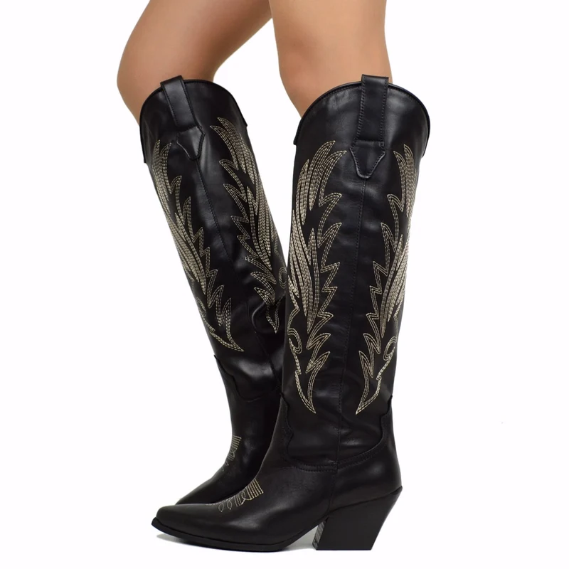 Stivali Texani Neri in Pelle con Cuciture Made in Italy