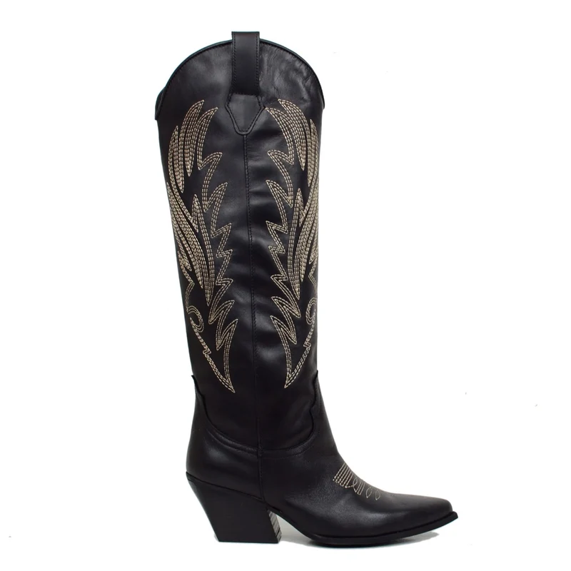 Stivali Texani Neri in Pelle con Cuciture Made in Italy