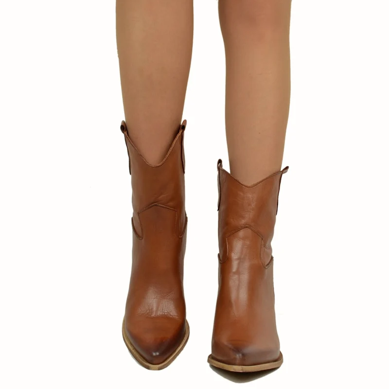 Stivaletti Texani Donna in Pelle Cuoio Made in Italy