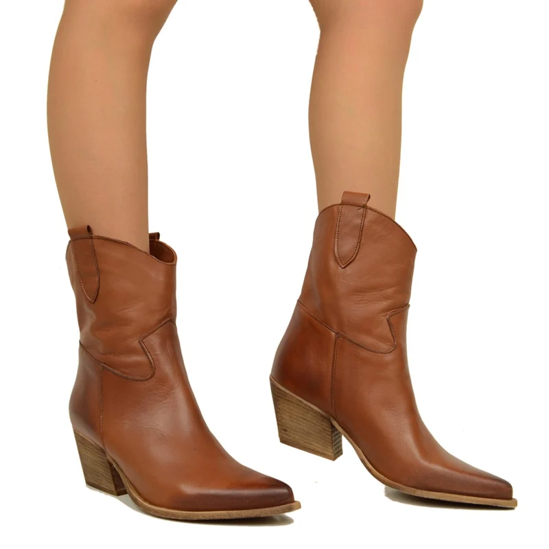 Stivaletti Texani Donna in Pelle Cuoio Made in Italy