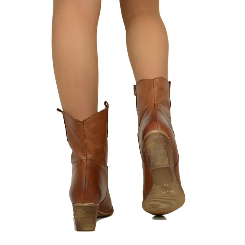 Stivaletti Texani Donna in Pelle Cuoio Made in Italy