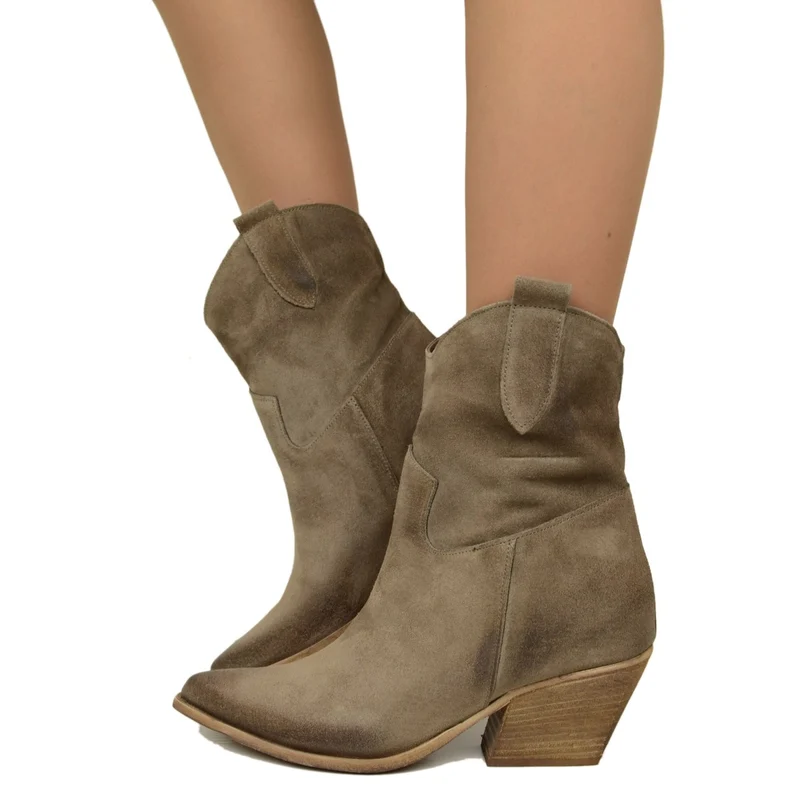 Stivaletti Texani Donna Scamosciati Taupe Made in Italy