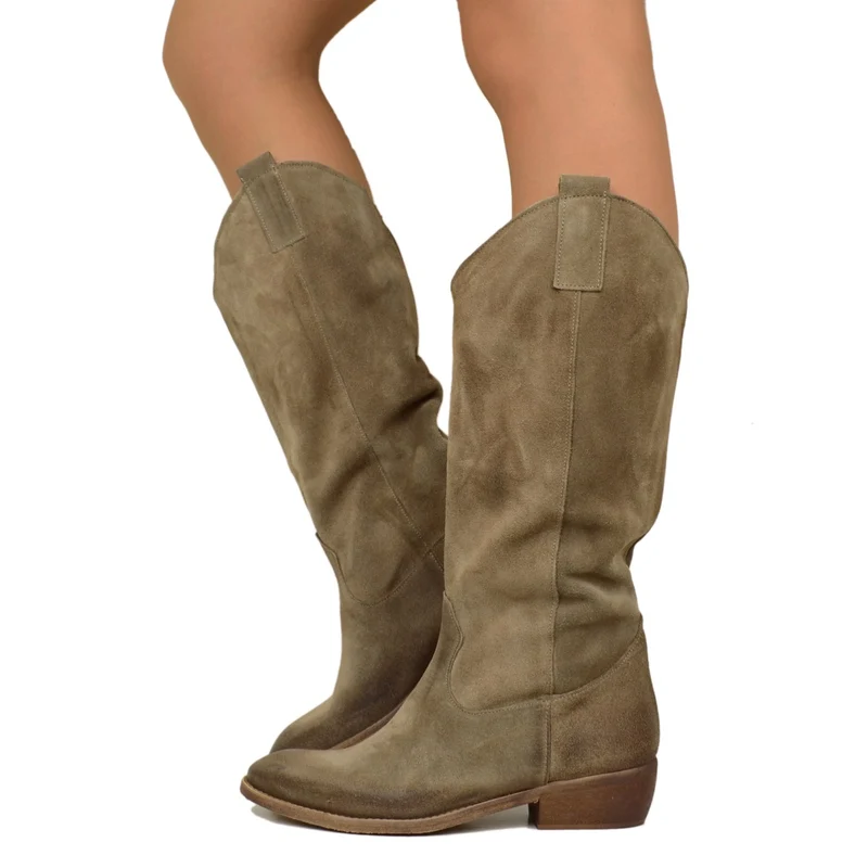 Stivali Texani Donna Scamosciati Taupe con Tacco Basso