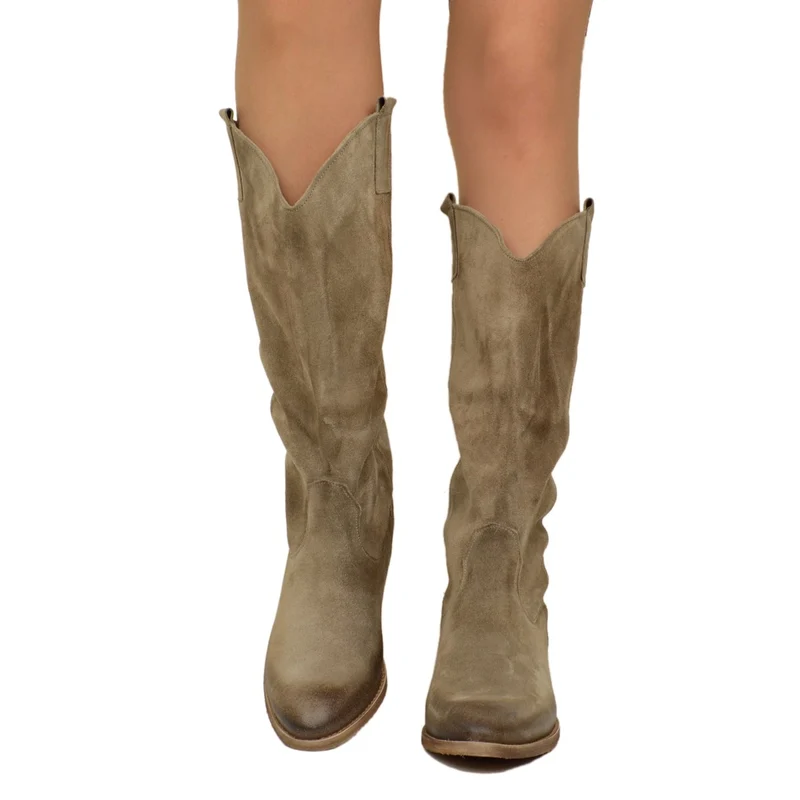 Stivali Texani Donna Scamosciati Taupe con Tacco Basso