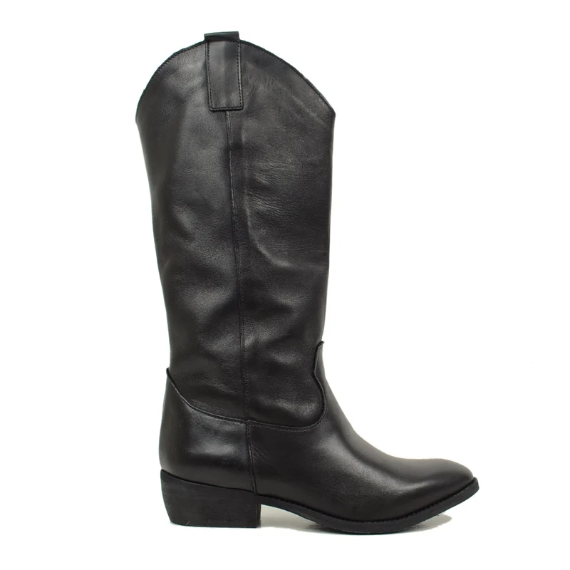Stivali Texani Lisci Neri in Pelle Tacco Basso Made in Italy