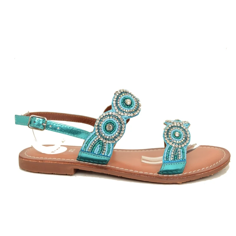 Sandali Gioiello in Pelle Turchese con Strass e Perle