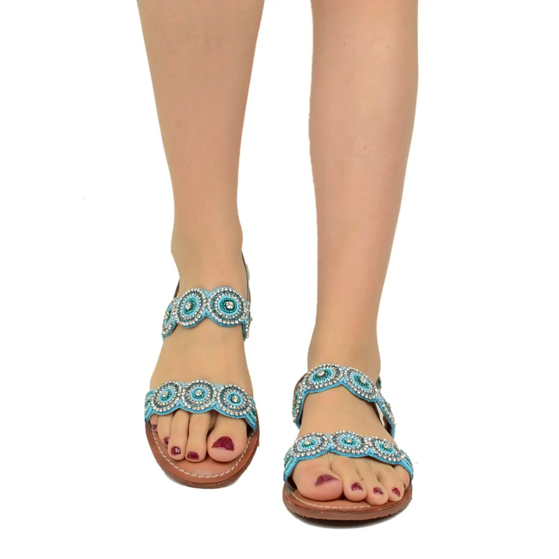 Sandali Gioiello in Pelle Turchese con Strass e Perle