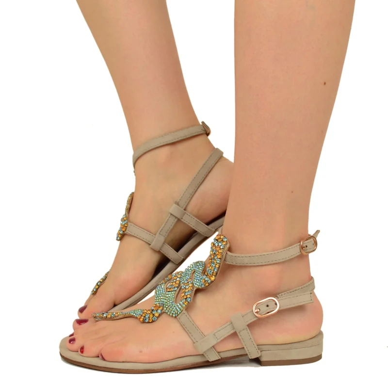 Sandali Infradito a Serpente con Strass Beige