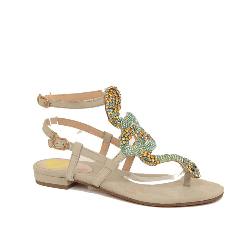Sandali Infradito a Serpente con Strass Beige