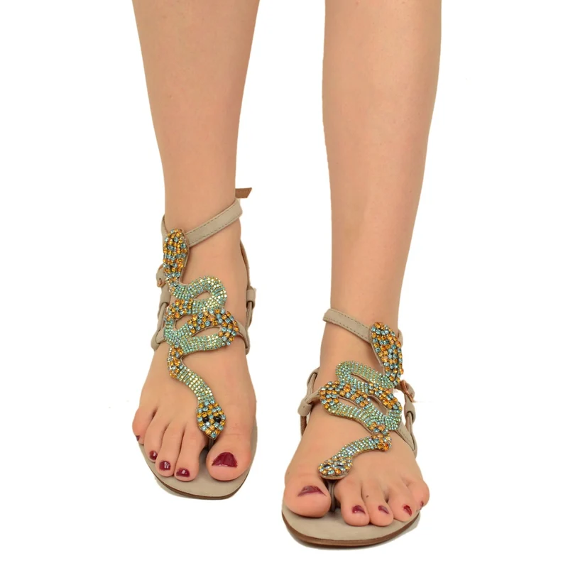 Sandali Infradito a Serpente con Strass Beige