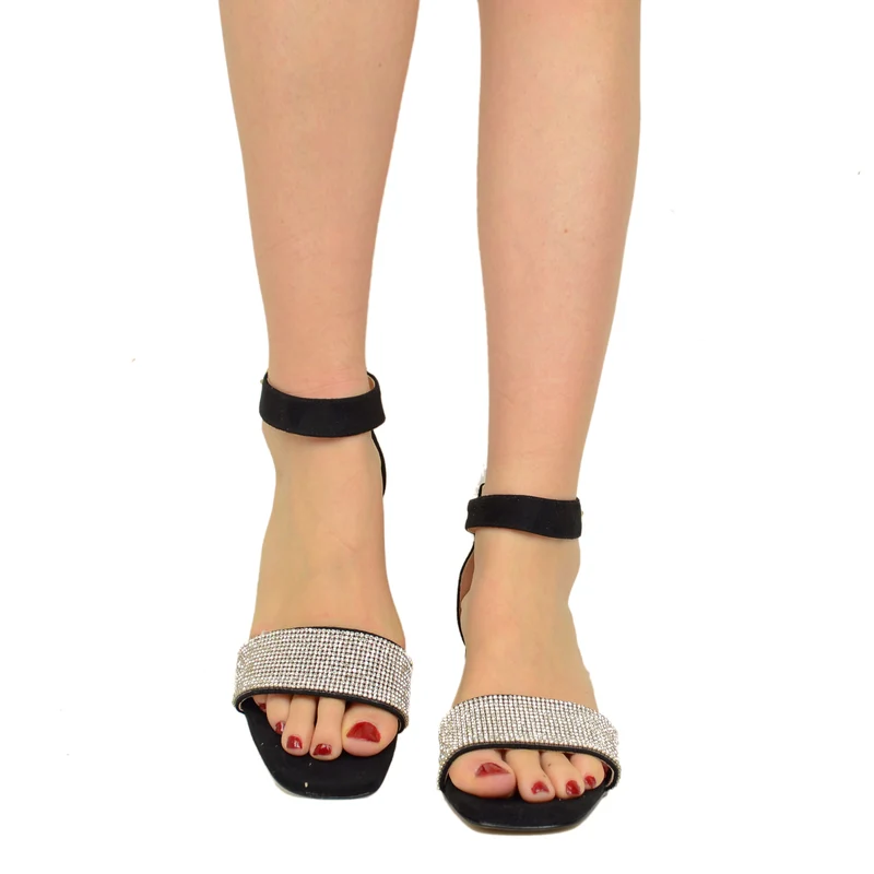 Sandali Donna Neri Scamosciati con Strass Made in Italy