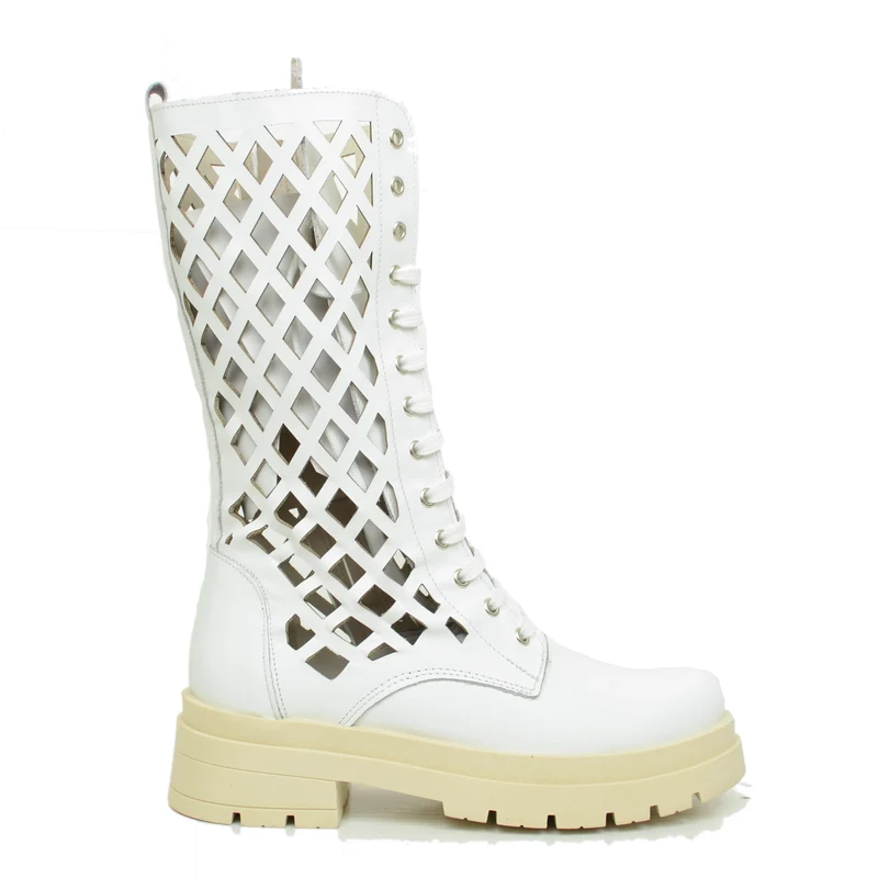 Stivali Biker Donna Traforati in Pelle Bianchi Made in Italy