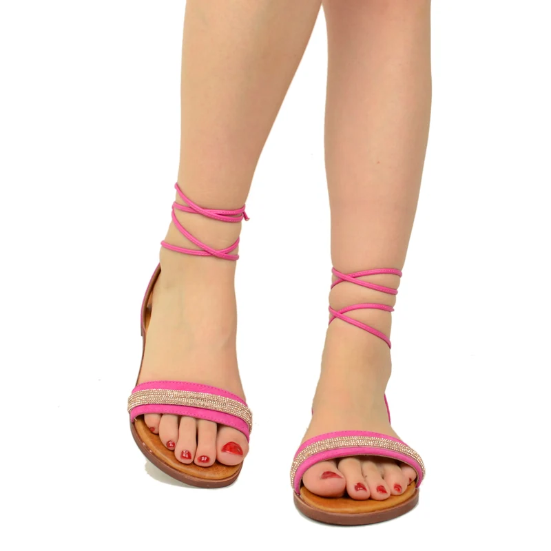 Sandali alla Schiava in Pelle Scamosciata Fuxia con Strass