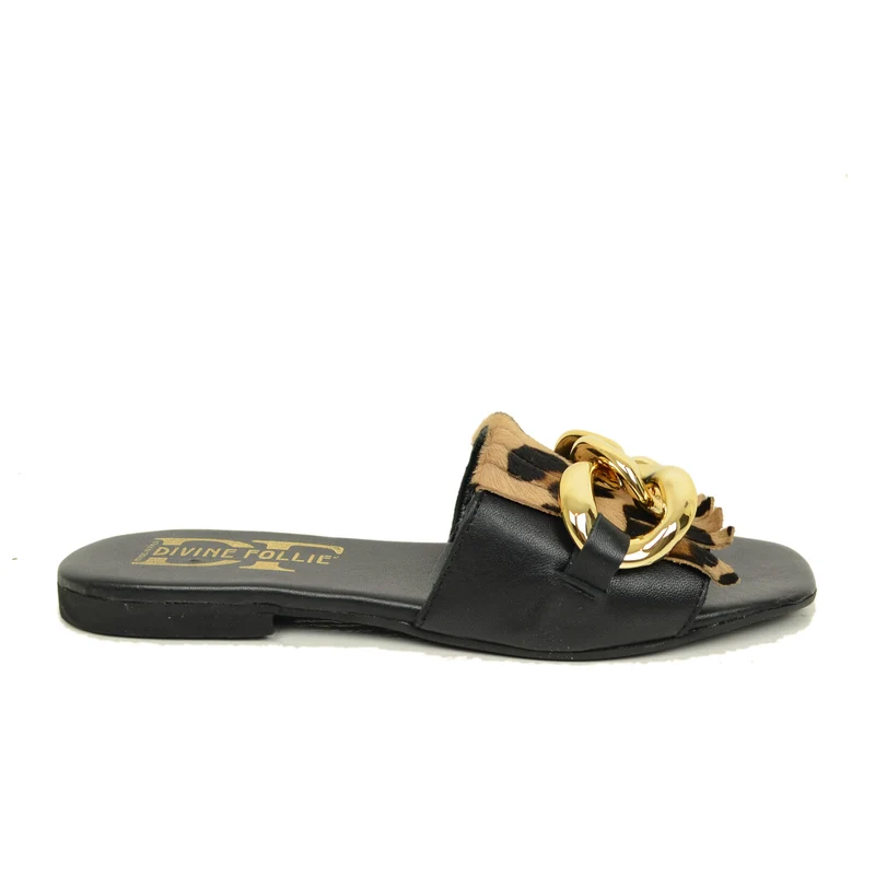 Ciabatte Donna Nere con Catena e Frange Leopardate Made in Italy