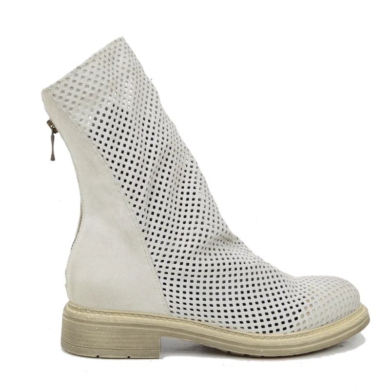 Stivaletti Biker Donna Traforati in Pelle Offwhite Made in Italy