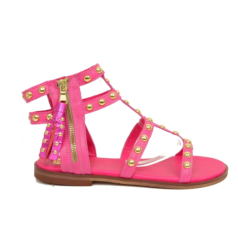 Sandali Donna Borchiati Estivi in Pelle Fuxia Made in Italy
