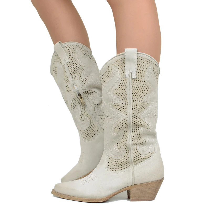 Stivali Texani Traforati in Pelle Scamosciata Offwhite con Zip