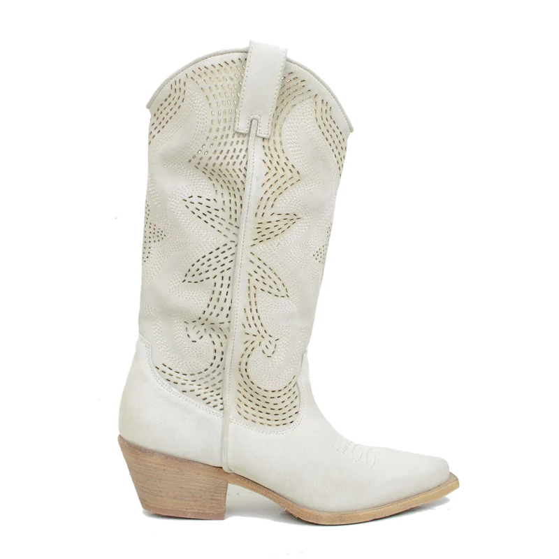 Stivali Texani Traforati in Pelle Scamosciata Offwhite con Zip