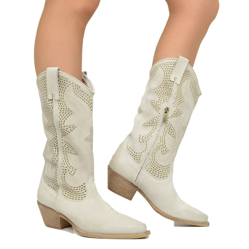 Stivali Texani Traforati in Pelle Scamosciata Offwhite con Zip